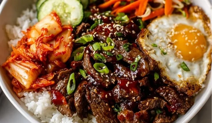 Korean Bulgogi Beef Bowls with Rice & Kimchi