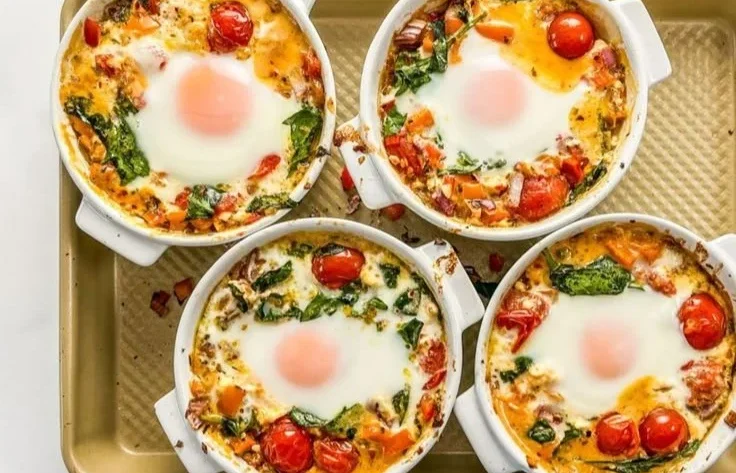 Baked feta eggs with tomatoes and spinach served in a bowl