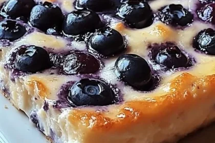 Blueberry cottage cheese breakfast bake in a baking dish ready to serve.
