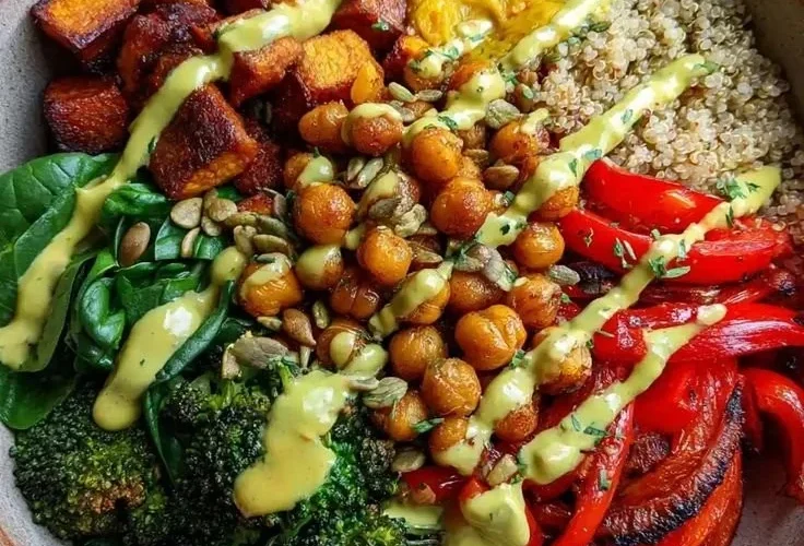 Buddha Bowl with fresh veggies and Rainbow Tahini Drizzle