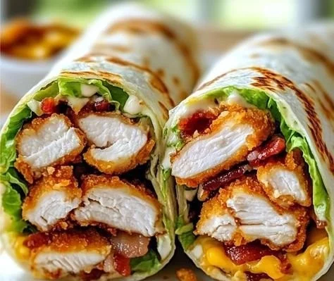 Delicious chicken bacon wraps on a plate garnished with fresh herbs