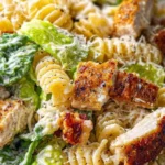 Delicious Chicken Caesar Pasta Salad with grilled chicken, romaine, and Caesar dressing