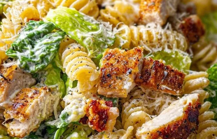 Delicious Chicken Caesar Pasta Salad with grilled chicken, romaine, and Caesar dressing
