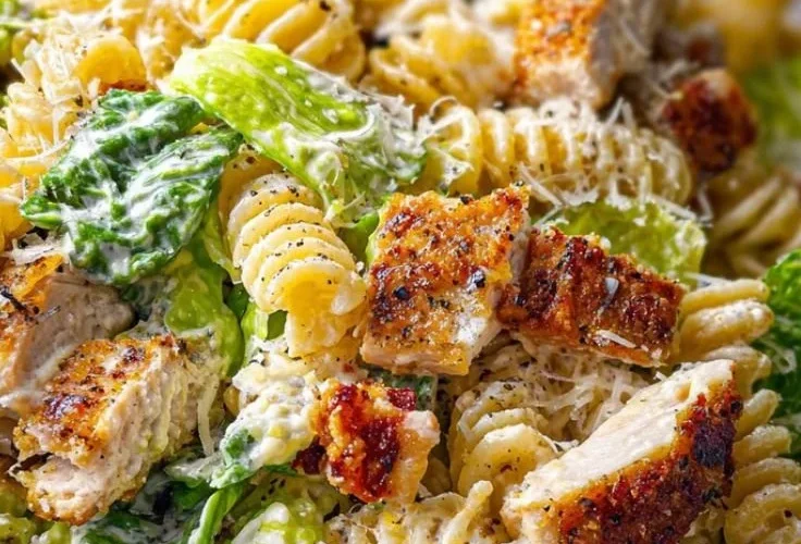 Delicious Chicken Caesar Pasta Salad with grilled chicken, romaine, and Caesar dressing