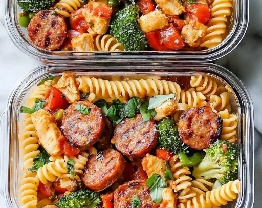 Healthy Chicken Sausage Pasta meal prep bowl recipe with colorful veggies.