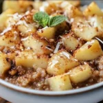 Bowl of Cinnamon Apple Breakfast Quinoa topped with sliced apples and cinnamon
