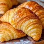 Freshly baked classic French croissants on a wooden table