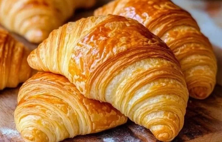 Freshly baked classic French croissants on a wooden table