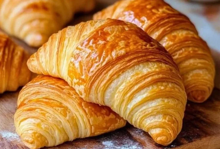 Freshly baked classic French croissants on a wooden table