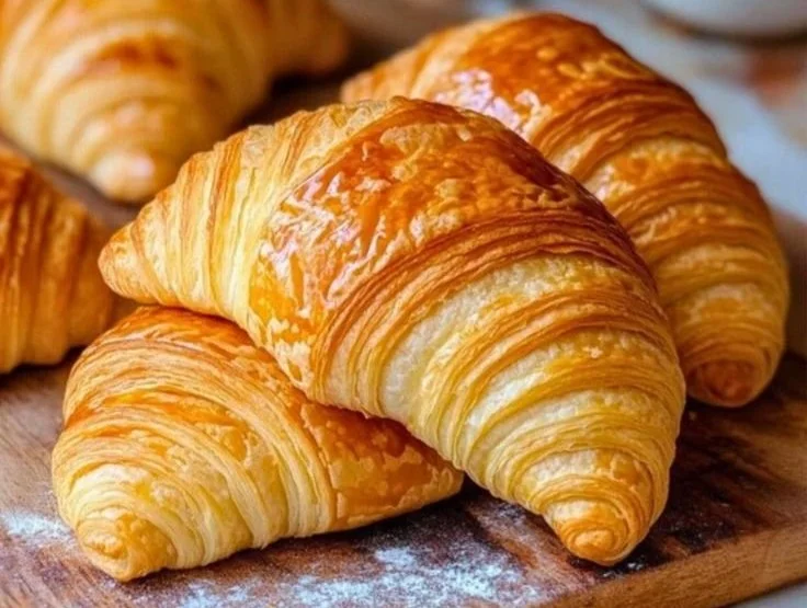 Freshly baked classic French croissants on a wooden table