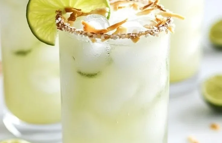 Refreshing Coconut Lime Refresher drink with lime slices and coconut garnish