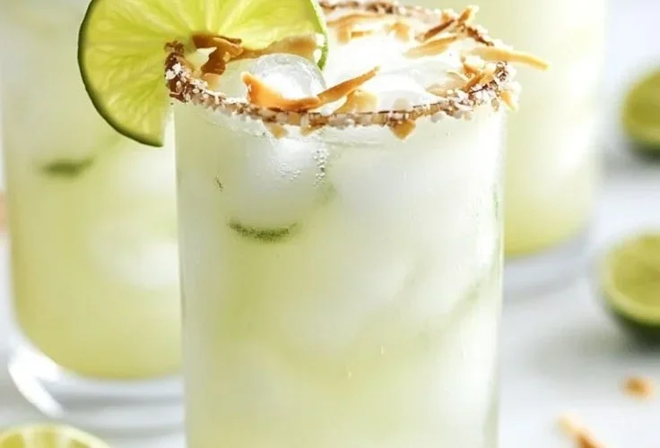 Refreshing Coconut Lime Refresher drink with lime slices and coconut garnish