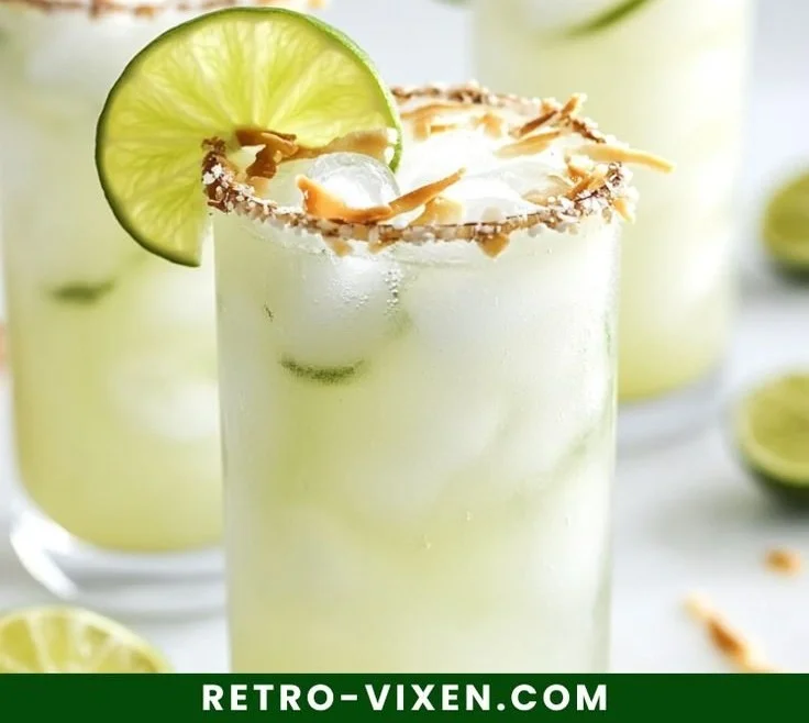 Refreshing Coconut Lime Refresher drink with lime slices and coconut garnish