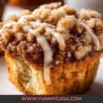 Freshly baked coffee cake muffins on a wooden table.