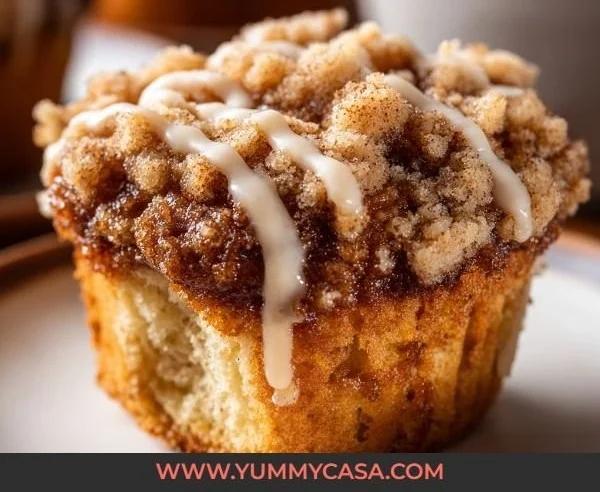 Freshly baked coffee cake muffins on a wooden table.