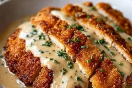 Creamy garlic parmesan chicken dish garnished with herbs