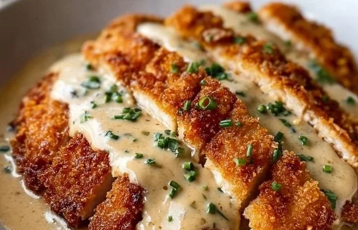 Creamy garlic parmesan chicken dish garnished with herbs