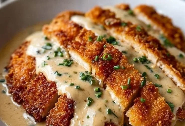 Creamy garlic parmesan chicken dish garnished with herbs