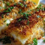 Crispy baked cod served with lemon and herbs on a white plate