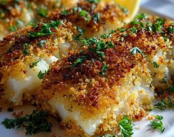 Crispy baked cod served with lemon and herbs on a white plate