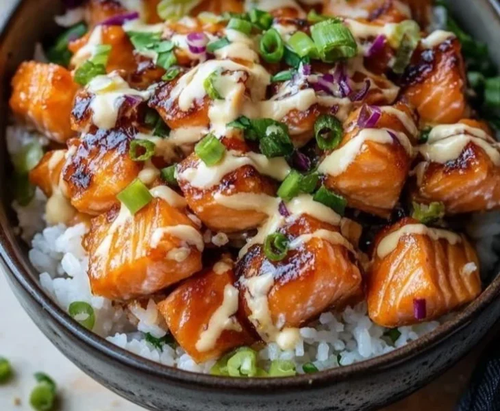Crispy Salmon served in a rice bowl with colorful vegetables