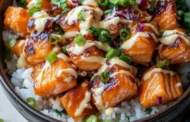 Crispy Salmon served in a rice bowl with colorful vegetables
