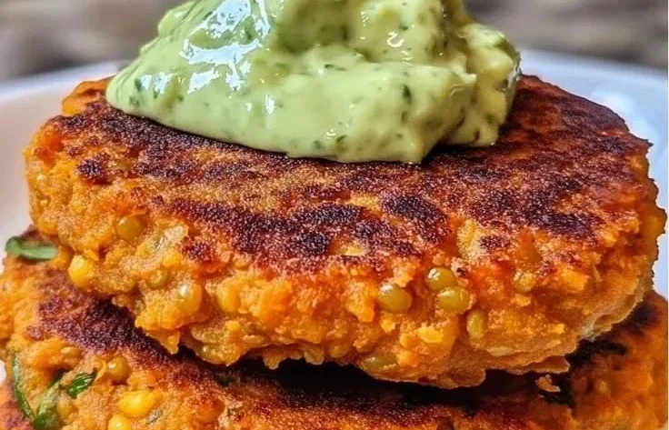 Crispy sweet potato and red lentil patties on a plate garnished with herbs