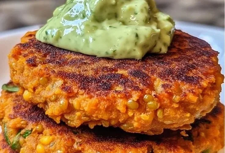 Crispy sweet potato and red lentil patties on a plate garnished with herbs
