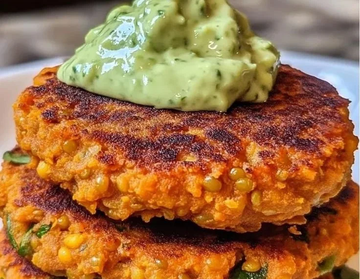 Crispy sweet potato and red lentil patties on a plate garnished with herbs