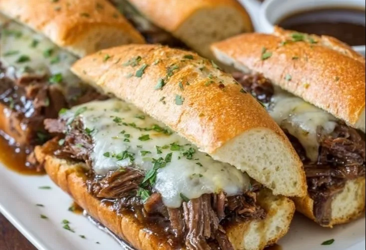 Delicious Crockpot French Dip Sandwiches served with dipping au jus.
