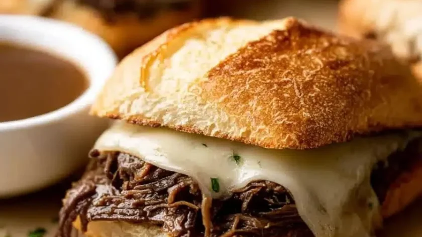 Delicious Crockpot French dip sandwiches served with flavorful au jus