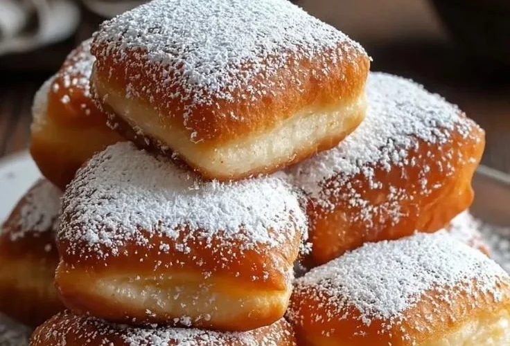 Delicious vanilla beignets dusted with powdered sugar on a plate