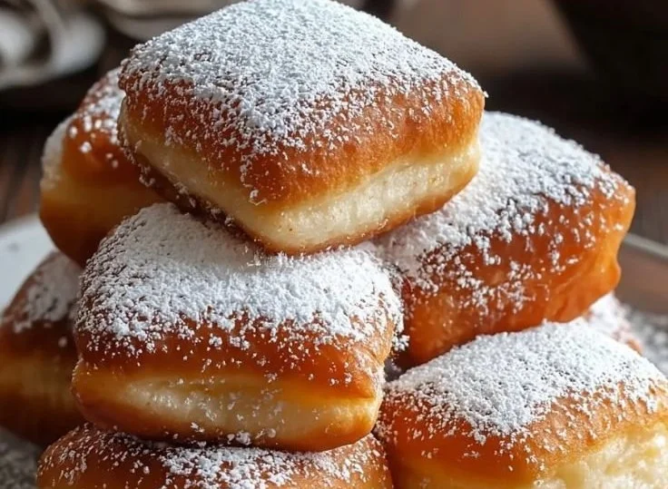 Delicious vanilla beignets dusted with powdered sugar on a plate