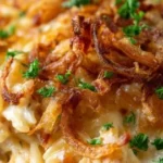 French Onion Chicken Orzo Casserole with layers of cheese and flavor