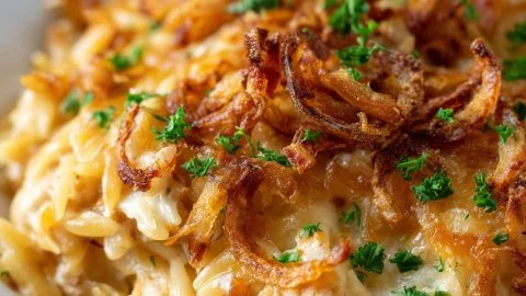 French Onion Chicken Orzo Casserole with layers of cheese and flavor