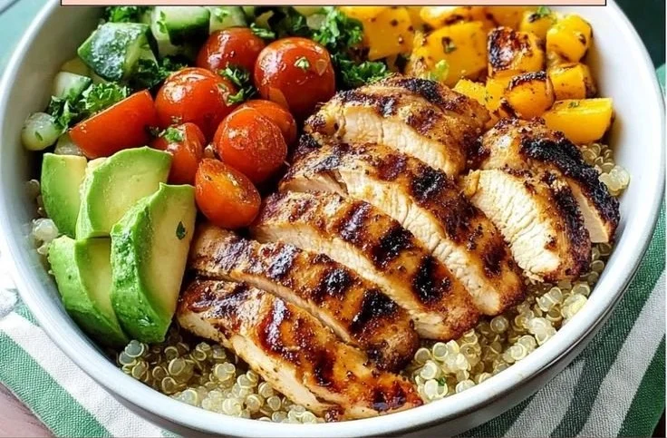 Delicious grilled chicken quinoa bowls topped with fresh vegetables and herbs