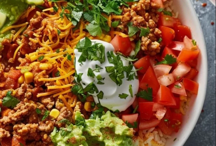 Healthy turkey taco bowl with fresh ingredients and vibrant toppings