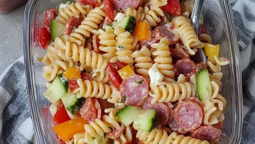 High protein Italian pasta salad with colorful vegetables and dressing