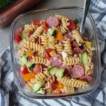 High protein Italian pasta salad with fresh vegetables and herbs