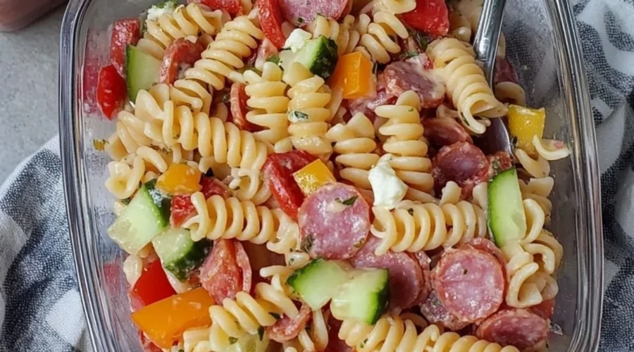 High protein Italian pasta salad with fresh vegetables and herbs