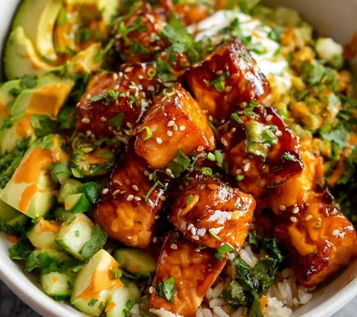 Honey glazed salmon rice bowl with colorful vegetables and rice
