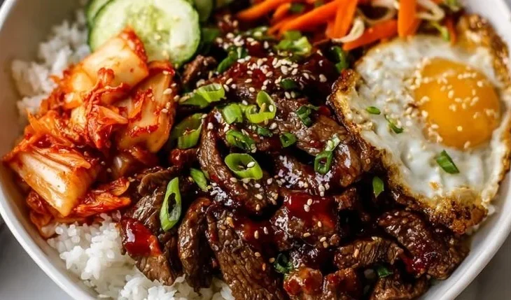 Korean Bulgogi Beef Bowl with tender beef, steamed rice, and kimchi.