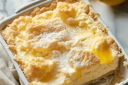 Delicious lemon cream cheese dump cake ready to serve