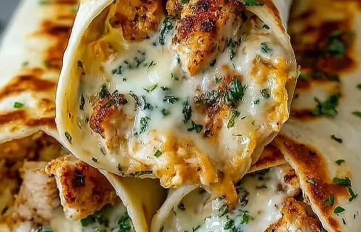 Delicious low carb cheesy garlic chicken wraps served with fresh veggies