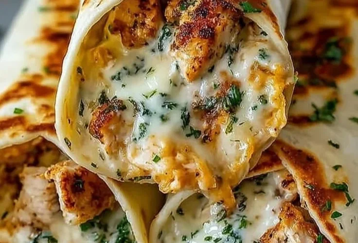 Delicious low carb cheesy garlic chicken wraps served with fresh veggies