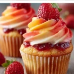 Mango Strawberry Sunset Cupcakes displayed on a dessert table