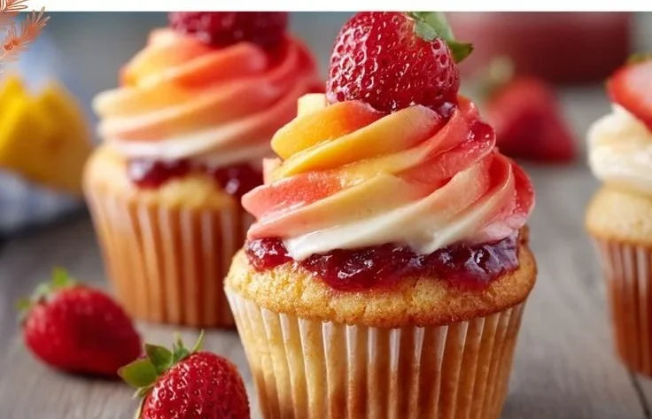 Mango Strawberry Sunset Cupcakes displayed on a dessert table