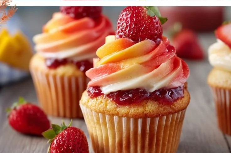 Mango Strawberry Sunset Cupcakes displayed on a dessert table