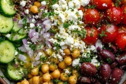 Colorful Mediterranean chickpea bowls with fresh vegetables and herbs