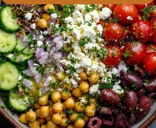 Colorful Mediterranean chickpea bowls with fresh vegetables and herbs